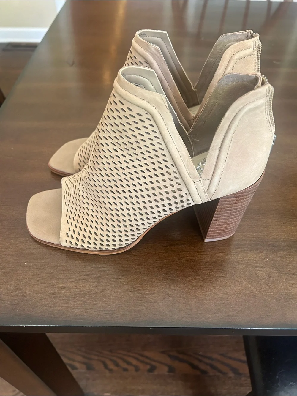 Vince Camuto Beige Laser-Cut Open-Toe Block Heel Sandals